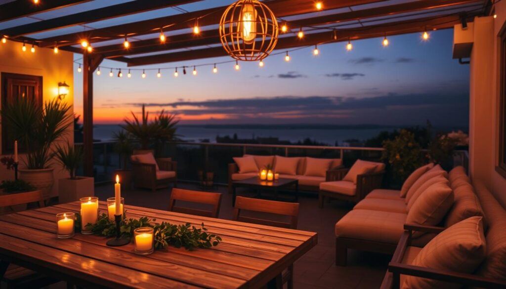 A cozy terrace scene at dusk, beautifully lit with warm, inviting string lights hanging above. In the foreground, a wooden dining table set for an intimate dinner, adorned with candles and greenery. In the middle ground, comfortable, plush seating arranged in a circle, with soft cushions and a small coffee table accentuated by a glowing lantern. The background features subtle silhouettes of potted plants and a soft, glowing sunset sky transitioning from orange to purple. The atmosphere is serene and welcoming, encouraging relaxation and social gatherings. Use soft, diffused lighting to enhance the feeling of warmth and comfort, shot from a slightly elevated angle to provide a comprehensive view of the setup.
