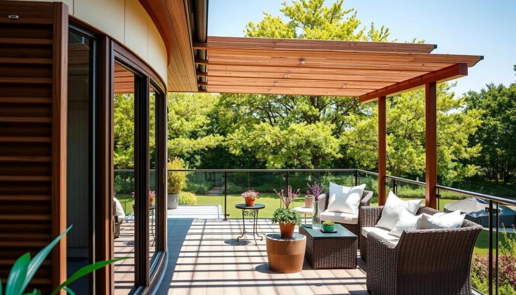 A cozy terrace scene featuring a stylish side screen for protection against wind and prying eyes. In the foreground, the elegant side screen, made of wooden slats and transparent glass panels, elegantly curves along the terrace edge. The middle ground showcases a beautifully furnished terrace with comfortable outdoor seating, a small table adorned with potted plants, and soft, inviting cushions. The background reveals a lush green garden with trees swaying gently in the breeze. The sunlight casts warm, dappled shadows, creating a tranquil and inviting atmosphere. Capture this scene from a slightly elevated angle to emphasize the terrace structure against a clear blue sky, enhancing the sense of privacy and relaxation.