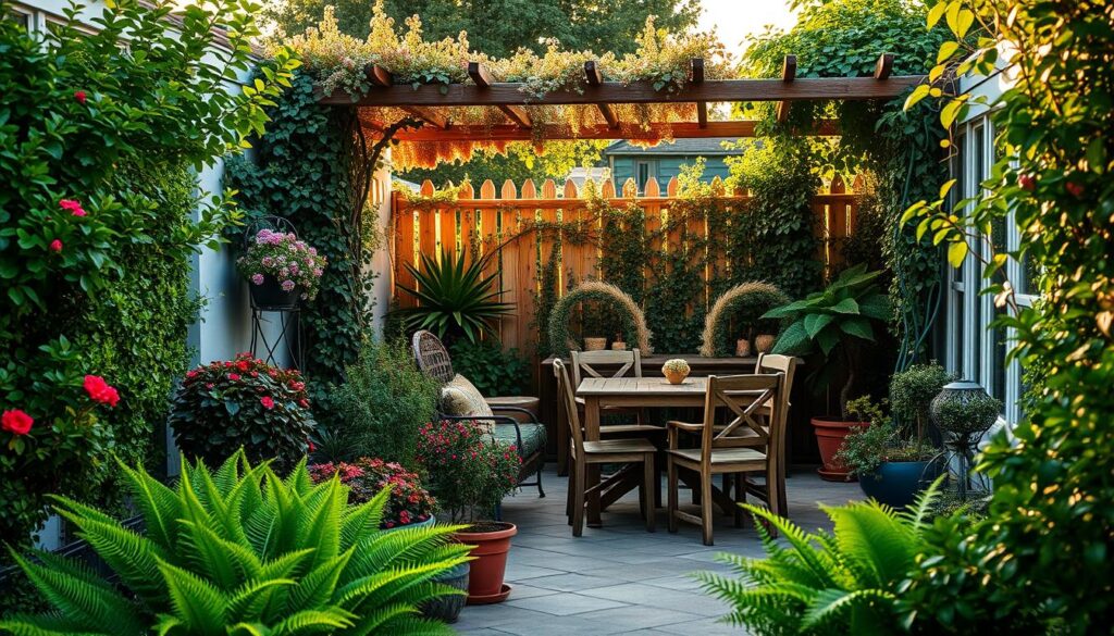 A cozy terrace surrounded by lush, vibrant plants that serve as natural screens. In the foreground, potted greenery such as ferns and flowering shrubs create a vibrant border, while a trellis adorned with climbing vines provides structure and privacy. The middle ground features comfortable outdoor seating, like a rustic wooden table with simple chairs, inviting relaxation. In the background, a fence partially covered with ivy adds a touch of charm. The scene is bathed in warm, golden afternoon sunlight, casting soft shadows and enhancing the colors of the foliage. The mood is tranquil and inviting, encouraging an atmosphere of serene outdoor living. Focus on a wide-angle view to capture the essence of this natural refuge.
