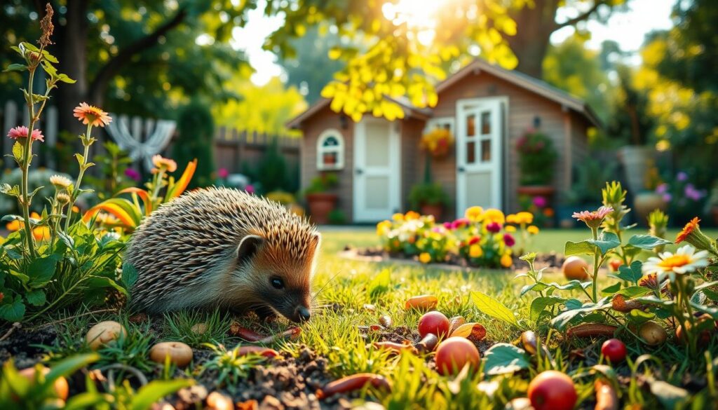 A detailed and colorful garden scene featuring a hedgehog foraging for food, positioned in the foreground. The hedgehog has a spiky coat, blending with the lush greenery, surrounded by a variety of natural foods including insects, earthworms, and fallen fruits like apples and berries. In the middle ground, display vibrant flowers and small plants, emphasizing a safe, inviting habitat. The background features a soft-focus view of a cozy garden shed and leafy trees, with warm afternoon sunlight filtering through the branches, creating a serene atmosphere. The scene captures the peaceful coexistence of wildlife in a well-maintained garden, enhancing the feeling of a safe haven for hedgehogs.