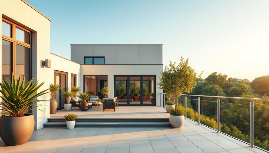 A detailed architectural illustration depicting a modern terrace and its relationship to building surface area regulations. In the foreground, show a stylish terrace adorned with potted plants, outdoor furniture, and a subtle railing. The middle ground should feature a contemporary building with large glass doors leading to the terrace, showcasing its design elements and clean lines. In the background, incorporate a clear blue sky and expansive greenery, symbolizing open space. The scene is captured during soft golden hour lighting, providing a warm and inviting atmosphere. Use a wide-angle lens perspective to emphasize the connection between the terrace and the building structure, enhancing the overall depth and clarity without any text or distractions. A detailed architectural illustration depicting a modern terrace and its relationship to building surface area regulations. In the foreground, show a stylish terrace adorned with potted plants, outdoor furniture, and a subtle railing. The middle ground should feature a contemporary building with large glass doors leading to the terrace, showcasing its design elements and clean lines. In the background, incorporate a clear blue sky and expansive greenery, symbolizing open space. The scene is captured during soft golden hour lighting, providing a warm and inviting atmosphere. Use a wide-angle lens perspective to emphasize the connection between the terrace and the building structure, enhancing the overall depth and clarity without any text or distractions.