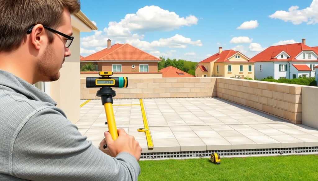A detailed architectural illustration of a terrace with a precise slope for effective water drainage. In the foreground, a construction professional in modest casual clothing is measuring the angles and dimensions with a level tool, showcasing a focused expression. The middle ground features a partially completed terrace, with clear indications of slope adjustment—tiles laid out at varying heights and tools like a measuring tape and angle finder. The background depicts a sunny day, with a few fluffy clouds in a blue sky, and residential houses, enhancing a warm and inviting atmosphere. The image is captured from a slightly elevated angle, providing a comprehensive view of the slope being calculated and maintained. The lighting is bright and natural, emphasizing clarity in the construction details without any text or distractions.