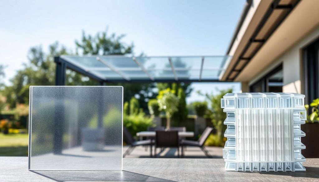 A detailed comparison of solid polycarbonate (poliwęglan lity) and multi-wall polycarbonate (poliwęglan komorowy) panels. In the foreground, prominently display a piece of solid polycarbonate, showcasing its clear and smooth surface, illuminated by bright daylight to highlight its sturdiness. Beside it, a multi-wall polycarbonate panel, exhibiting its layered structure, contrasting in texture and light diffusion. In the middle ground, a terrace setting with a stylish outdoor space that utilizes both types of panels for roofing. The background features a garden with lush greenery under a clear blue sky, ensuring the mood is bright and inviting. Capture the image from a slightly elevated angle to provide a comprehensive view, emphasizing the differences and applications of each panel type without any text or distractions.