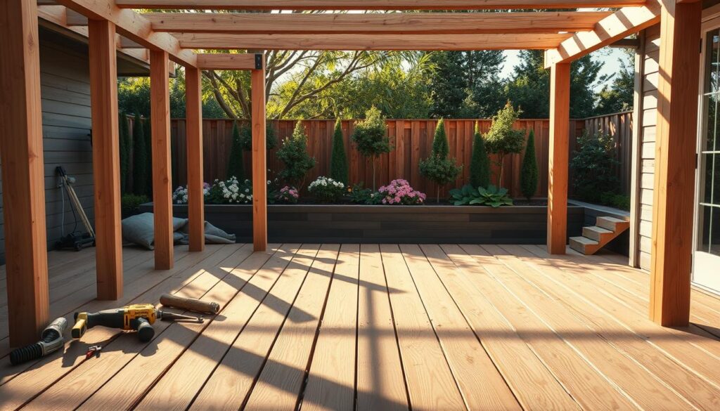 A detailed construction instruction scene for building a composite deck. In the foreground, a wooden framework with support beams being assembled, tools like a saw and drill are neatly arranged nearby. The middle ground features partially completed decking boards meticulously laid out, showcasing the rich texture and color of composite materials. In the background, a well-maintained garden with lush greenery and flowering plants creates a serene atmosphere. The scene is illuminated by warm, afternoon sunlight casting soft shadows, enhancing the textures of the materials. The angle captures a wide view, allowing for clarity on the construction process without any human figures. The mood is focused, indicating a productive and organized building phase, ideal for visualizing the steps involved in creating a durable deck. A detailed construction instruction scene for building a composite deck. In the foreground, a wooden framework with support beams being assembled, tools like a saw and drill are neatly arranged nearby. The middle ground features partially completed decking boards meticulously laid out, showcasing the rich texture and color of composite materials. In the background, a well-maintained garden with lush greenery and flowering plants creates a serene atmosphere. The scene is illuminated by warm, afternoon sunlight casting soft shadows, enhancing the textures of the materials. The angle captures a wide view, allowing for clarity on the construction process without any human figures. The mood is focused, indicating a productive and organized building phase, ideal for visualizing the steps involved in creating a durable deck.