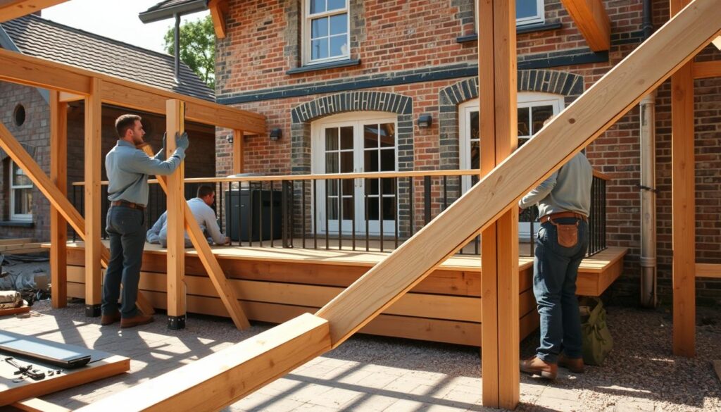 A detailed construction scene of a terrace being built onto an old house, emphasizing the wooden framework and support beams in the foreground. Skilled workers in professional attire are carefully positioning the beams and measuring dimensions. In the middle, the partially finished terrace showcases a blend of traditional and modern design elements, with wooden decking materials and elegant railings. The background features the charming façade of the old house, adorned with weathered bricks and vintage windows, bathed in warm afternoon sunlight. Soft shadows dance across the ground, highlighting the craftsmanship involved. The atmosphere is one of focus and collaboration, capturing the essence of a home improvement project in progress, with a slight depth of field to emphasize the foreground.