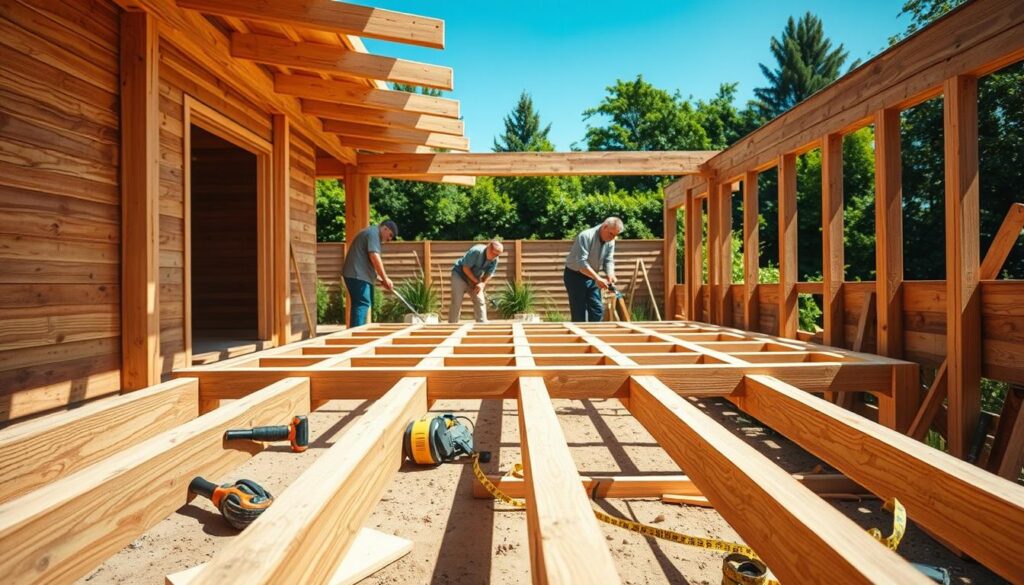 A detailed construction scene of a wooden terrace being built from scratch. In the foreground, focus on a sturdy wooden framework partially constructed, with tools like a saw, hammer, and measuring tape neatly arranged. The middle ground features workers in professional, modest clothing diligently measuring and fitting wooden planks, showcasing teamwork and precision. In the background, a lush green garden adds life, with a clear blue sky overhead, allowing warm sunlight to illuminate the scene. Capture the atmosphere of productivity and craftsmanship, highlighting the textures of the wood and the natural environment. Use a slight angle to emphasize depth and perspective, creating a vibrant and engaging image.