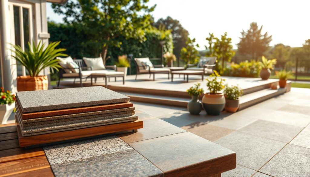 A detailed display of various types of terrace concrete, showcasing different textures and finishes. In the foreground, a selection of concrete samples is presented, including smooth, exposed aggregate, stamped, and colored concrete, arranged on a wooden table. The middle ground features a beautifully designed terrace made from these different concrete types, with stylish outdoor furniture and potted plants enhancing the scene. The background includes a serene garden setting with lush greenery and a clear sky. Warm, natural sunlight casts gentle shadows, creating a pleasant, inviting atmosphere. The image should be captured with a shallow depth of field to focus on the concrete details, giving a professional and polished look, free from any text or markings.