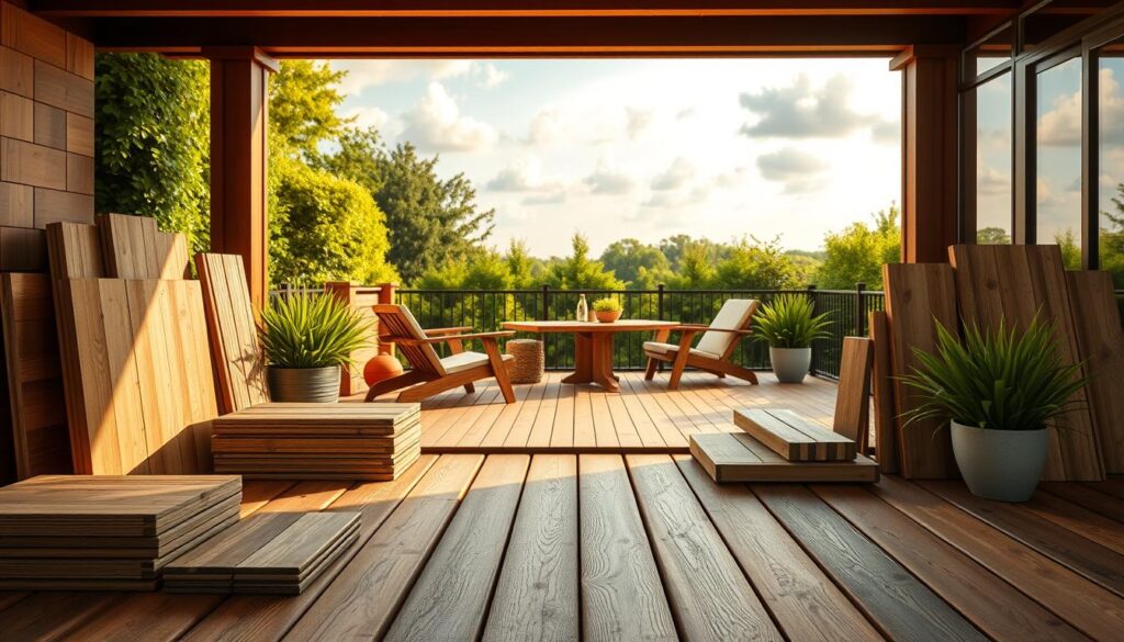 A detailed display of various types of terrace decking boards arranged aesthetically in a picturesque outdoor setting. In the foreground, showcase different wooden boards, including treated pine, composite, and hardwood, displaying their textures and colors. In the middle, focus on a well-finished terrace with lush greenery and outdoor furniture accentuating the usability of the decking. The background should feature a sunny skyline with soft clouds, creating an inviting atmosphere. Use warm, natural lighting to enhance the colors of the wood and surrounding plants. Capture the scene from a slightly elevated angle, emphasizing the versatility and beauty of the various decking types while ensuring a serene mood without any distractions or text overlays.