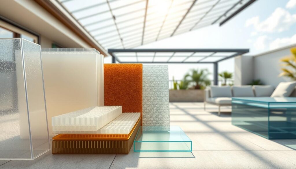 A detailed illustration showcasing various types of polycarbonate sheets arranged aesthetically. In the foreground, display clear, twin-wall, and solid polycarbonate panels, featuring diverse thicknesses and textures. The middle ground should include samples of textured and multi-wall polycarbonate sheets, with a focus on their colors and surface finishes—some translucent, some opaque. The background captures a sunlit terrace, demonstrating these materials used in construction, with soft, natural light enhancing their transparency and colors. The image should evoke a mood of innovation and durability, with a slight angle that provides depth and dimension to the scene, highlighting the practical applications of polycarbonate in patio roofing while ensuring a clean, professional presentation free of any text or distractions.