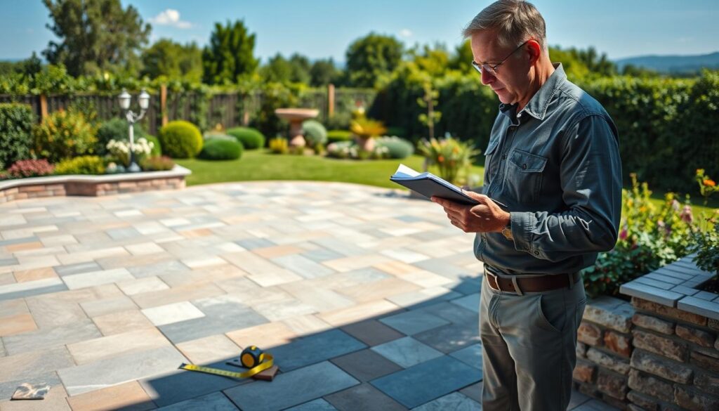 A detailed outdoor scene showcasing a beautifully designed terrace made of high-quality paving stones. In the foreground, a professional landscape designer inspects the terrace layout, dressed in modest casual clothing, holding a notepad and pencil. The middle ground features the completed terrace, with intricate patterns and various stone colors highlighted by the daylight. On one side, a measuring tape and stone samples are casually placed. The background reveals a lush garden with vibrant greenery and a clear blue sky, creating a serene atmosphere. Soft, natural sunlight illuminates the scene, casting gentle shadows that emphasize the terrace's texture and the designer's focused expression. The overall mood is professional and inviting, perfect for illustrating costs associated with a stone terrace.