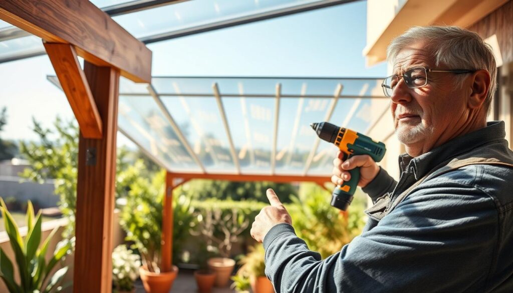 A detailed scene of a person carefully installing polycarbonate panels on a terrace. In the foreground, a middle-aged professional man in a modest work outfit, holding a power drill, is attaching the panels to a sturdy wooden frame. In the middle, the polycarbonate panels are translucent, allowing soft sunlight to filter through, creating a warm ambiance. The background features a cozy, landscaped garden with lush green plants and a clear blue sky. The lighting is bright and inviting, emphasizing the ease of the installation process, while the angle captures the depth of the terrace and the surrounding environment, showcasing a harmonious blend of functionality and aesthetics.