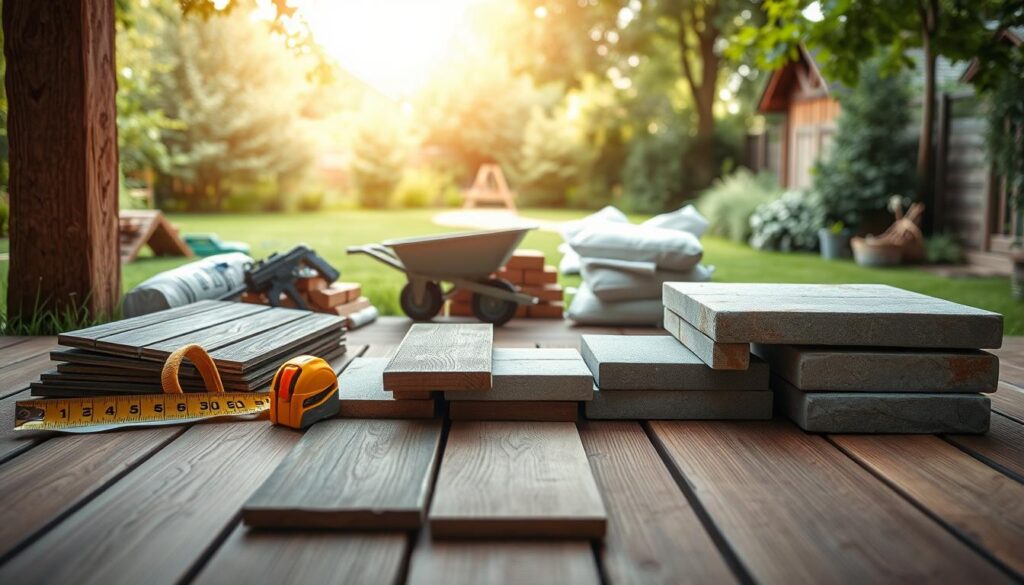 A detailed selection of construction materials for building a terrace, arranged neatly on a wooden surface. In the foreground, tools such as a measuring tape, level, and saw are artistically displayed alongside samples of composite decking, wooden planks, and concrete pavers. The middle ground features a stack of bricks and bags of cement, with a small wheelbarrow partially visible. The background showcases a serene garden setting with green grass and trees, adding a natural touch. Soft, diffused sunlight filters through the trees, creating a warm and inviting atmosphere. The composition has a sharp focus, captured with a slightly low angle to emphasize the materials, invoking a sense of readiness and creativity for builders.