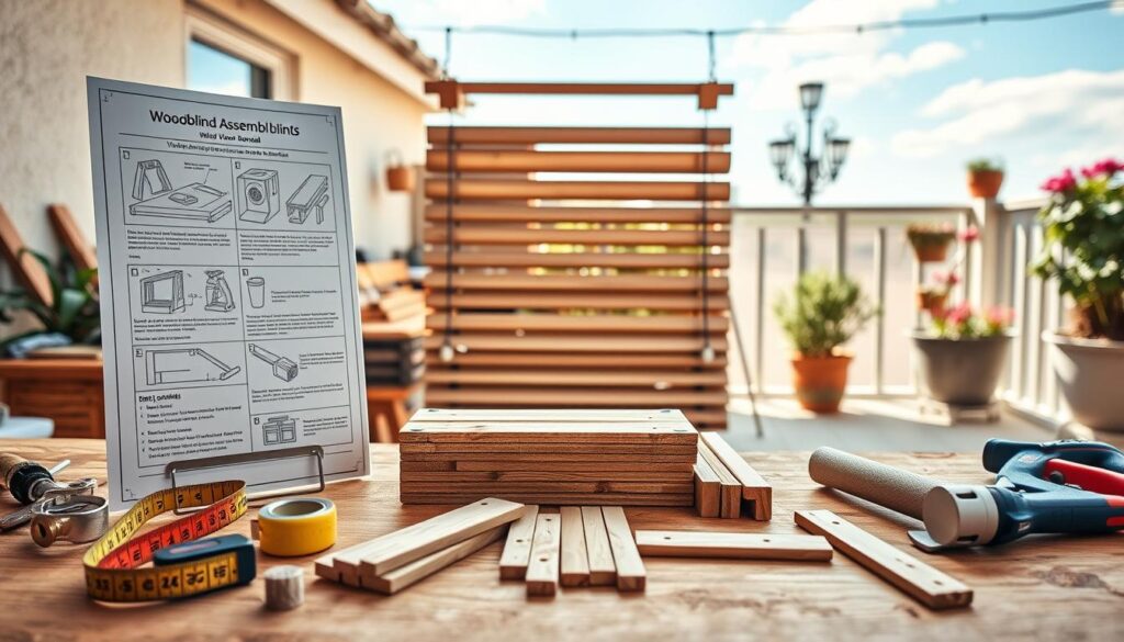 A detailed step-by-step wooden blind assembly instruction manual, displayed on a wooden workbench. In the foreground, various tools such as a measuring tape, a saw, and a roller are neatly arranged alongside wooden planks cut to size for the blinds. In the middle ground, a partially assembled wooden blind hangs, showcasing its slats and brackets. The background features a sunlit terrace with potted plants and a clear blue sky, providing a warm ambiance. The scene is captured in soft, natural light to enhance the textures of the wood and tools, using a slightly elevated angle to provide a comprehensive view of the workspace. The overall mood is inviting and productive, reflecting a DIY project atmosphere.