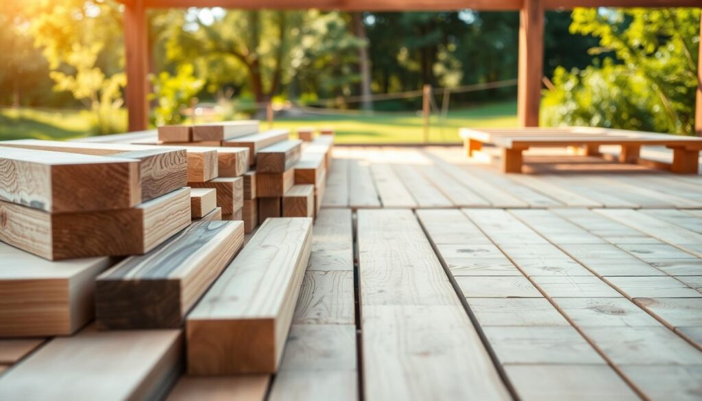 A detailed view of various types of wooden lagging beams, arranged neatly on a construction site background. In the foreground, show a selection of different sizes and shapes of lagging, focusing on their textures and grain patterns. The middle ground should feature a partially constructed wooden terrace, with beams being laid on a level surface. The background includes gentle green landscaping and soft sunlight filtering through trees, creating a warm, inviting atmosphere. The scene is captured with a slight depth of field effect, highlighting the beams while softly blurring the surrounding environment. Utilize natural lighting to enhance the wood’s textures and emphasize the structural elements of a wooden terrace.