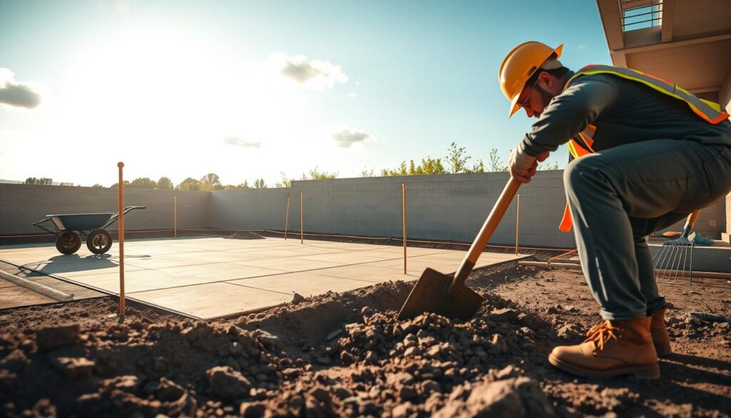 A focused scene depicting a construction worker in a hard hat and safety gear, diligently preparing the ground for a concrete terrace. In the foreground, the worker uses a shovel to remove soil and rocks, showcasing determination and expertise. The middle ground features a section of leveled ground, marked with string lines and stakes, indicating precise measurements. In the background, a sunny sky with a few fluffy clouds adds brightness to the scene, while tools like a wheelbarrow and rake are visible nearby. The lighting is warm and inviting, suggesting early morning or late afternoon, enhancing the atmosphere of a productive day on-site. The composition is presented from a slight low angle to emphasize the activity and commitment to craftsmanship.