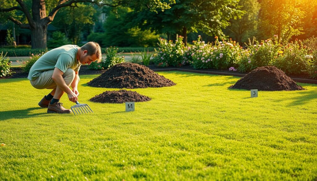 A landscaped garden scene featuring a lush green lawn as the primary surface for terrace installation. In the foreground, a gardener in modest casual clothing is hunched down, preparing the ground with tools like a rake and a shovel, focusing on leveling the soil. In the middle, there are piles of rich, dark soil and small markers indicating measurement guides for terrace layout. The background showcases trees and flowering plants under soft, warm sunlight, creating a serene atmosphere. Use a slightly elevated angle to capture the intricacies of the ground preparation, emphasizing the details of the tools and soil texture. The lighting should enhance the vibrant greens and browns, evoking a sense of peaceful outdoor work.