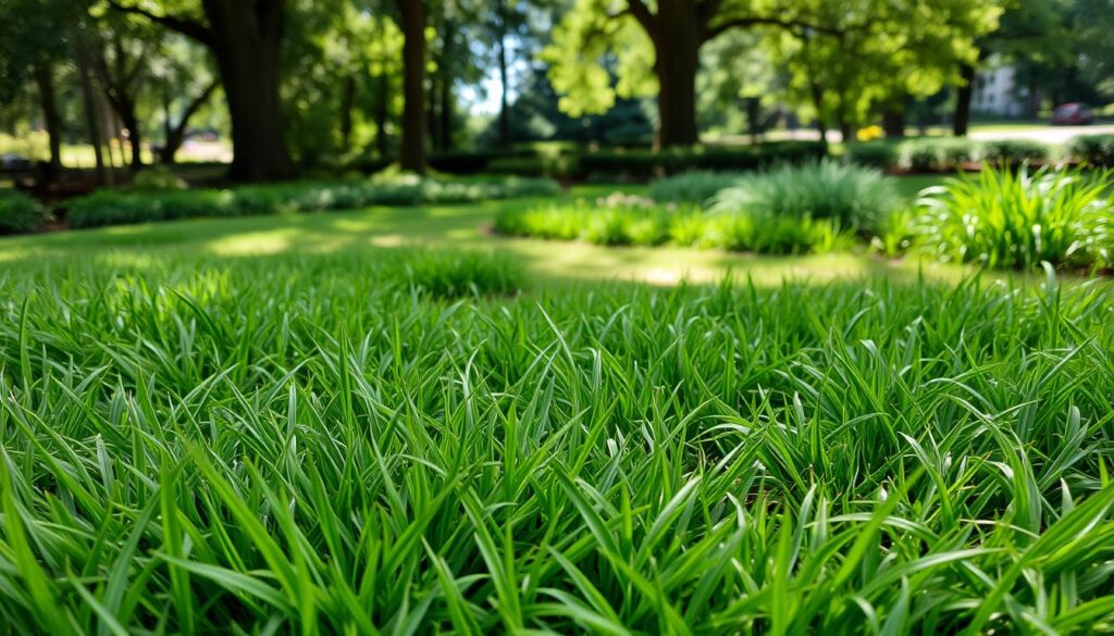 A lush garden area showcasing various types of shade grass, featuring a dense carpet of rich green blades in the foreground. In the middle, there are patches of contrasting textures including soft fescue and robust bluegrass, highlighting their adaptability to low light. The background reveals a peaceful, shaded environment, with tall trees creating dappled sunlight filtering through leaves. Soft, diffused lighting enhances the vibrancy of the grass, while a gentle breeze stirs the blades, adding movement. The atmosphere is serene and inviting, perfect for a tranquil outdoor space. Use a wide-angle lens to capture the depth of the garden, emphasizing the variety of grass types flourishing in the shade.