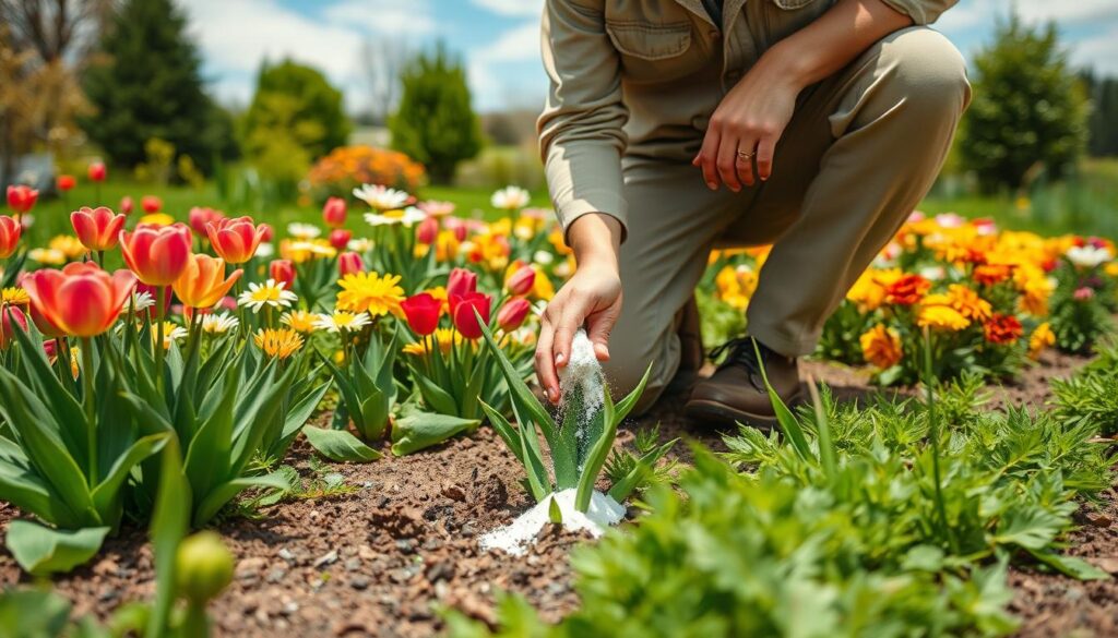 A lush garden during early spring, showcasing a diverse array of colorful flowers and healthy green plants. In the foreground, a gardener in modest casual clothing is kneeling on the soil, gently spreading lime around the base of a flowering plant, demonstrating the proper technique. The middle ground features a variety of vibrant flowers like tulips and daisies, with rich green foliage surrounding them. In the background, a bright, sunny sky with soft, wispy clouds signifies a warm day, enhancing the garden setting. The light is bright and warm, casting soft shadows and highlighting the textures of the soil and plants. This scene conveys a sense of care and attentiveness in gardening practices, specifically focusing on the application of lime.