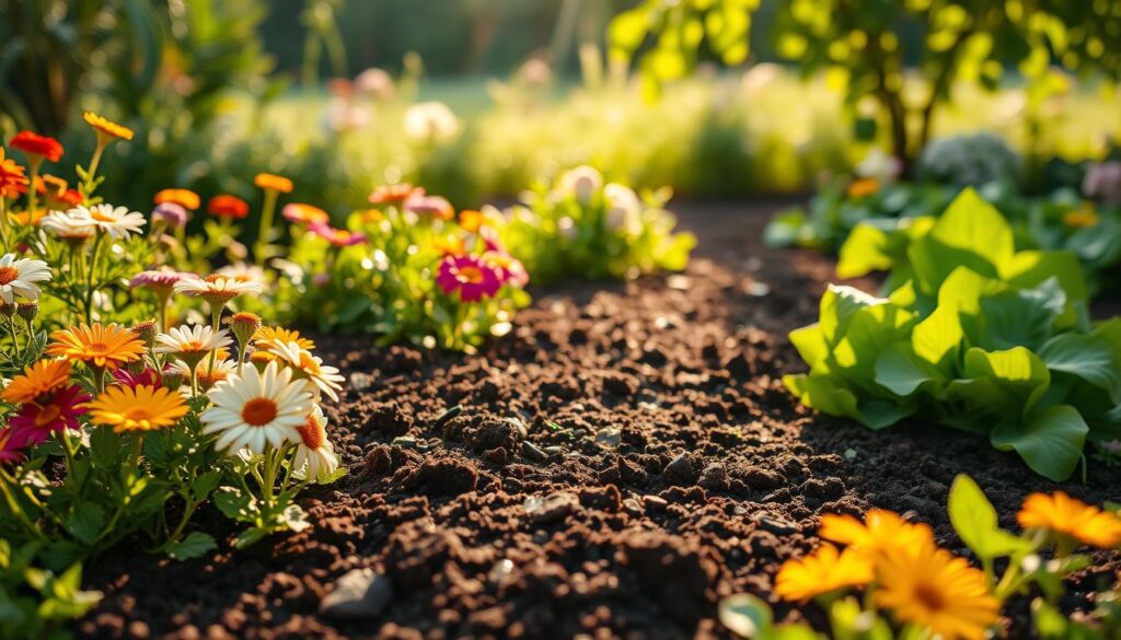 A lush garden scene featuring compost as mulch, showcasing its rich, dark texture spread around various plants and flowers. In the foreground, a vibrant array of colorful flowers, including daisies and marigolds, blossoms alongside green leafy vegetables, all thriving in the nutrient-rich compost. The middle ground displays a well-defined layer of moist compost, glistening with dew, inviting a sense of fertility and growth. In the background, a serene garden landscape with a soft-focus blurred effect, enhancing the main subject while capturing rays of sunlight filtering through leaves, casting gentle shadows. The atmosphere conveys a sense of tranquility and natural abundance, ideal for illustrating the benefits of compost as a garden mulch. The scene is illuminated with warm, natural lighting, emphasizing the earthiness of the compost. A lush garden scene featuring compost as mulch, showcasing its rich, dark texture spread around various plants and flowers. In the foreground, a vibrant array of colorful flowers, including daisies and marigolds, blossoms alongside green leafy vegetables, all thriving in the nutrient-rich compost. The middle ground displays a well-defined layer of moist compost, glistening with dew, inviting a sense of fertility and growth. In the background, a serene garden landscape with a soft-focus blurred effect, enhancing the main subject while capturing rays of sunlight filtering through leaves, casting gentle shadows. The atmosphere conveys a sense of tranquility and natural abundance, ideal for illustrating the benefits of compost as a garden mulch. The scene is illuminated with warm, natural lighting, emphasizing the earthiness of the compost.
