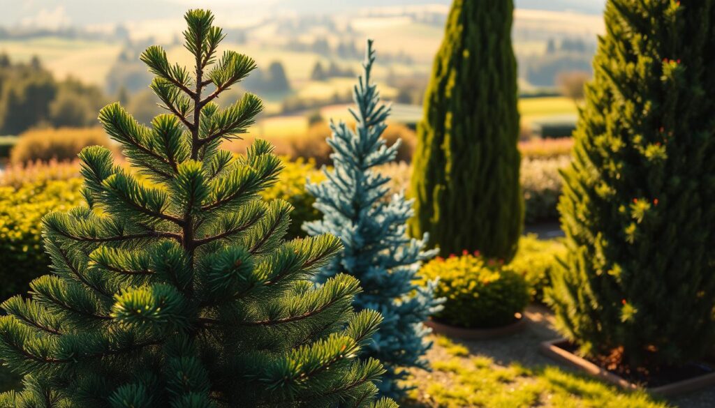 A lush garden scene showcasing a variety of coniferous trees, each thoughtfully selected for different garden environments. In the foreground, a well-structured Japanese black pine with its graceful, sweeping branches. In the middle, a vibrant blue spruce and a tall, elegant cedar offer contrasting textures and colors. The background features a serene, softly blurred landscape with rolling hills and distant shrubs, bathed in warm afternoon sunlight. The lighting enhances the rich green hues and creates delicate shadows on the ground, evoking a tranquil atmosphere. The composition is captured from a slightly elevated angle to provide depth, inviting viewers to imagine the beauty of selecting the right conifer for their own garden space. A lush garden scene showcasing a variety of coniferous trees, each thoughtfully selected for different garden environments. In the foreground, a well-structured Japanese black pine with its graceful, sweeping branches. In the middle, a vibrant blue spruce and a tall, elegant cedar offer contrasting textures and colors. The background features a serene, softly blurred landscape with rolling hills and distant shrubs, bathed in warm afternoon sunlight. The lighting enhances the rich green hues and creates delicate shadows on the ground, evoking a tranquil atmosphere. The composition is captured from a slightly elevated angle to provide depth, inviting viewers to imagine the beauty of selecting the right conifer for their own garden space.
