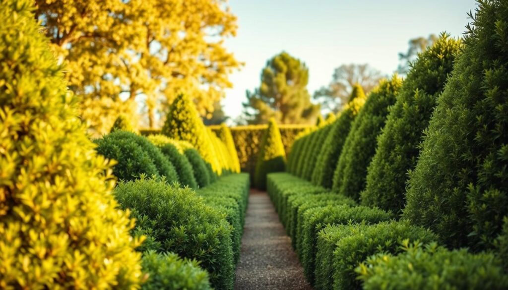 A lush garden scene showcasing a variety of evergreen plants that serve as a vibrant, year-round hedge alternative. In the foreground, healthy zimozielone (evergreen) shrubs with dense foliage in various shades of green and textures, illustrating their visual diversity. The middle ground displays a neatly arranged pathway bordered by these plants, providing a sense of order and serenity. In the background, soft-focus trees and a clear blue sky bathe the scene in warm, natural light, enhancing the vivid greens of the plants. The atmosphere is peaceful and inviting, ideal for a serene outdoor space. Capture this scene from a slightly elevated angle, using a soft focus to create a dreamlike quality that emphasizes the lush vitality of the garden.