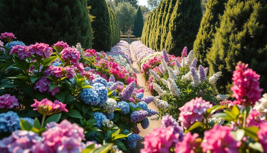 A lush garden scene showcasing ornamental shrubs in full bloom, highlighting their vibrant colors and unique textures. In the foreground, include a variety of flowering shrubs such as hydrangeas, azaleas, and lilacs, each displaying rich hues of pink, blue, and white. The middle ground should feature a meticulously maintained pathway lined with these decorative plants, their leaves glistening in soft, dappled sunlight. In the background, a gentle blur of evergreen shrubs adds depth, enhancing the scene's lushness. The lighting is warm and inviting, suggesting a late afternoon ambiance. Capture the composition from a low angle to emphasize the grandeur of the shrubs and create an immersive, tranquil atmosphere. The overall mood is serene and vibrant, ideal for a beautiful garden setting.