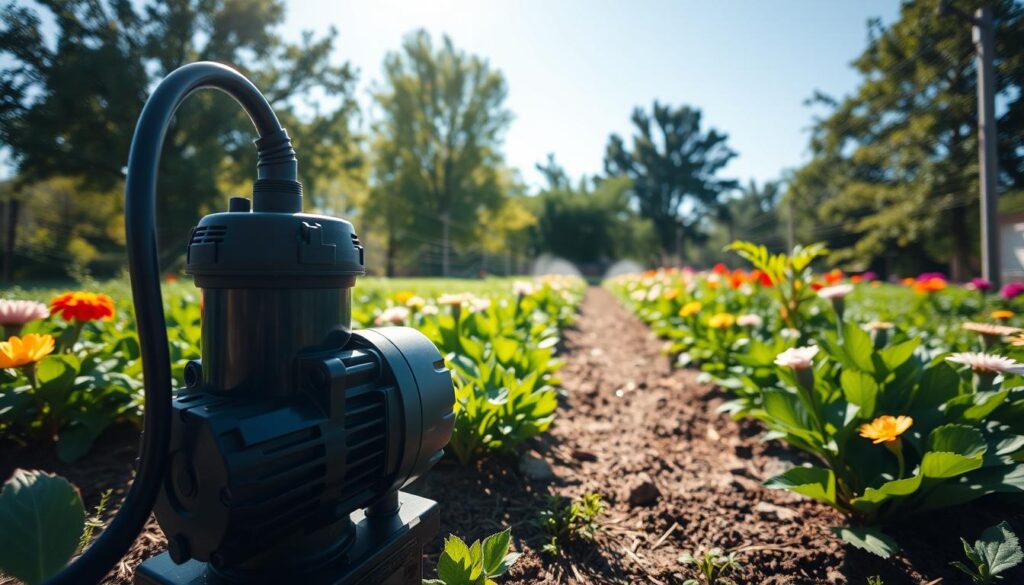 A modern automatic irrigation pump system in a well-maintained garden, showcasing the pump prominently in the foreground with intricate details like hoses and control panels. In the middle ground, vibrant green plants and colorful flowers emphasize the garden's health and productivity, while the background features a clear blue sky and sunlight filtering through lush trees, creating a tranquil and inviting atmosphere. Soft shadows enhance the features of the pump, highlighting its modern design and functionality. The scene conveys a sense of comfort and time savings associated with automation in gardening. The composition is captured at a slight angle to create depth, illustrating the pump as an essential tool for effortless garden maintenance.