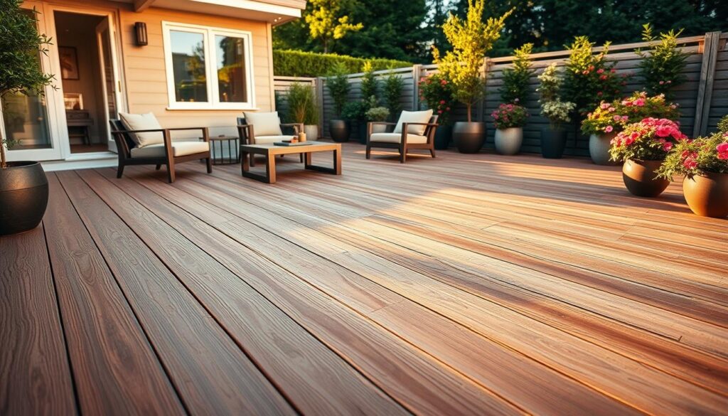 A modern outdoor terrace made of composite decking, showcasing an elegant blend of rich brown and soft gray planks. In the foreground, a close-up view highlights the texture of the composite boards, reflecting natural light with a slight sheen. The middle ground features stylish outdoor furniture, including a sleek table and comfortable chairs arranged for relaxation, adorned with neutral cushions. In the background, lush greenery surrounds the terrace, with potted plants and flowering shrubs adding vibrant color. The scene is bathed in warm, golden hour sunlight, creating a cozy, inviting atmosphere. The angle is slightly elevated, offering a comprehensive view of the entire terrace without any distractions or disturbances.