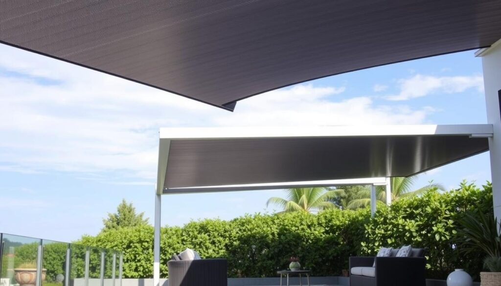 A modern terrace featuring sleek aluminum canopies designed to protect against rain. In the foreground, show a well-furnished patio with elegant outdoor furniture, like a cozy couch and a small coffee table. The middle ground showcases the stylish aluminum shading structures, extending over the seating area and creating a comfortable, dry environment. The background includes lush greenery and a clear blue sky, adding contrast to the metallic shades. Soft, diffused lighting casts gentle shadows, enhancing the tranquility of the scene. The mood is serene and inviting, perfect for enjoying outdoor moments while being shielded from the elements. A modern terrace featuring sleek aluminum canopies designed to protect against rain. In the foreground, show a well-furnished patio with elegant outdoor furniture, like a cozy couch and a small coffee table. The middle ground showcases the stylish aluminum shading structures, extending over the seating area and creating a comfortable, dry environment. The background includes lush greenery and a clear blue sky, adding contrast to the metallic shades. Soft, diffused lighting casts gentle shadows, enhancing the tranquility of the scene. The mood is serene and inviting, perfect for enjoying outdoor moments while being shielded from the elements.