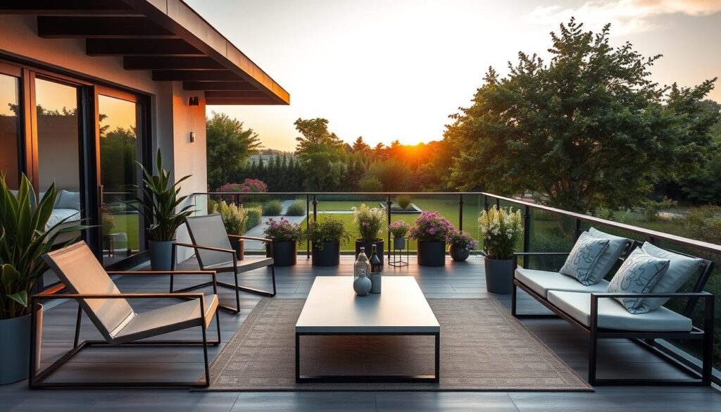 A modern terrace featuring stylish garden furniture creatively arranged as a balustrade. In the foreground, sleek outdoor chairs and a low table form a decorative barrier, showcasing elegant materials like wood and metal. The middle ground reveals lush potted plants and vibrant flowers, enhancing the aesthetic. A warm, inviting sunset casts soft, golden lighting across the scene, highlighting the textures of the furniture. In the background, a peaceful garden view unfolds, with soft greenery and a clear sky, creating a tranquil atmosphere. The angle captures the terrace's inviting space, designed for relaxation and social gatherings, while exuding contemporary charm.