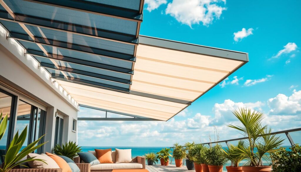 A modern terrace made from polycarbonate panels in various shades showcasing color diversity under the sun. In the foreground, beautifully arranged seating with outdoor cushions in muted earthy tones, surrounded by potted plants for a fresh vibe. The middle section features a sleek polycarbonate roof with translucent panels that reflect light, highlighting the color gradient from dark to light blue and soft ivory, suggesting coolness and sun protection. The background shows a bright blue sky with soft clouds, indicating a sunny day. The lighting is warm and natural, casting gentle shadows on the terrace. The overall mood is inviting and refreshing, perfect for outdoor relaxation, emphasizing the stylish application of polycarbonate colors.