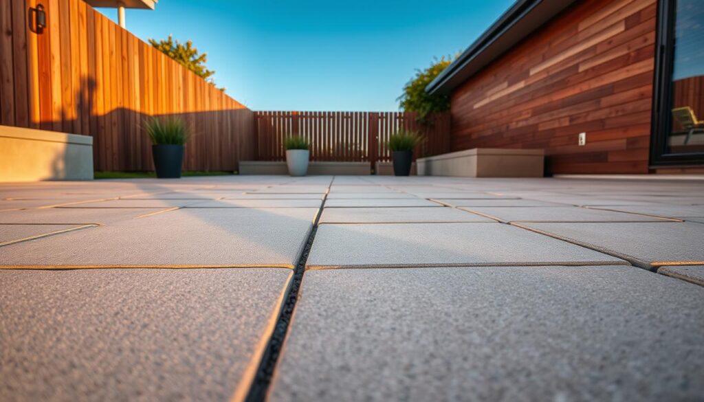 A modern terrace made of large rectangular concrete slabs and interlocking paving stones, showcasing a well-structured outdoor space. In the foreground, the texture of the concrete slabs is highlighted, featuring a mix of smooth and rough surfaces. The middle ground displays decorative plants in stylish pots placed strategically between the slabs, adding a touch of greenery. In the background, a wooden fence complements the terrace, framed by a clear blue sky during golden hour, casting soft shadows. The lighting creates a warm and inviting atmosphere, emphasizing the functionality and elegance of the design. The image is captured from a low angle to accentuate the terrace layout and hint at the surrounding garden space.