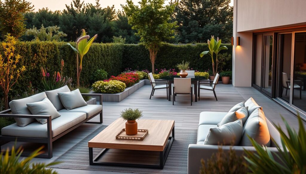 A modern terrace scene showcasing elegant patio furniture designed for style and comfort. In the foreground, a sleek, minimalist outdoor sofa in neutral tones adorned with plush cushions, paired with a chic coffee table made of natural wood. In the middle ground, a stylish dining set featuring a glass-top table and contemporary chairs, inviting for gatherings. The background shows lush greenery, vibrant flowers, and soft ambient lighting from solar-powered garden lamps. The setting is captured during the golden hour, casting warm, inviting light and long shadows, enhancing the tranquil and modern atmosphere of outdoor living. The overall mood is serene and inviting, perfect for relaxation and socializing.