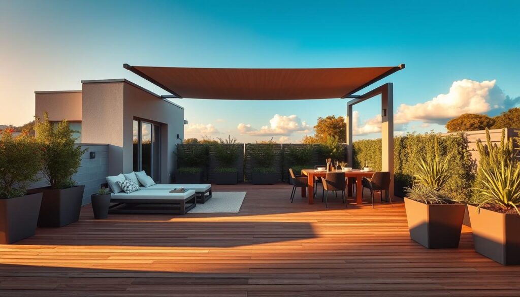 A modern terrace with a clear definition of built-up area, featuring a spacious wooden deck surrounded by elegant planters filled with greenery. In the foreground, the terrace showcases comfortable outdoor furniture, like a chic lounge set and a dining table set for an outdoor meal, emphasizing functionality. The middle ground captures a well-structured awning providing shade over the terrace, while a lush garden adds depth to the scene. In the background, a bright blue sky with a few fluffy clouds enhances the inviting atmosphere. The lighting is warm, simulating golden hour, with soft shadows casting over the deck. The angle is slightly elevated, capturing the expansive view of the terrace's design, creating a serene and harmonious ambiance suitable for relaxation and entertainment. A modern terrace with a clear definition of built-up area, featuring a spacious wooden deck surrounded by elegant planters filled with greenery. In the foreground, the terrace showcases comfortable outdoor furniture, like a chic lounge set and a dining table set for an outdoor meal, emphasizing functionality. The middle ground captures a well-structured awning providing shade over the terrace, while a lush garden adds depth to the scene. In the background, a bright blue sky with a few fluffy clouds enhances the inviting atmosphere. The lighting is warm, simulating golden hour, with soft shadows casting over the deck. The angle is slightly elevated, capturing the expansive view of the terrace's design, creating a serene and harmonious ambiance suitable for relaxation and entertainment.