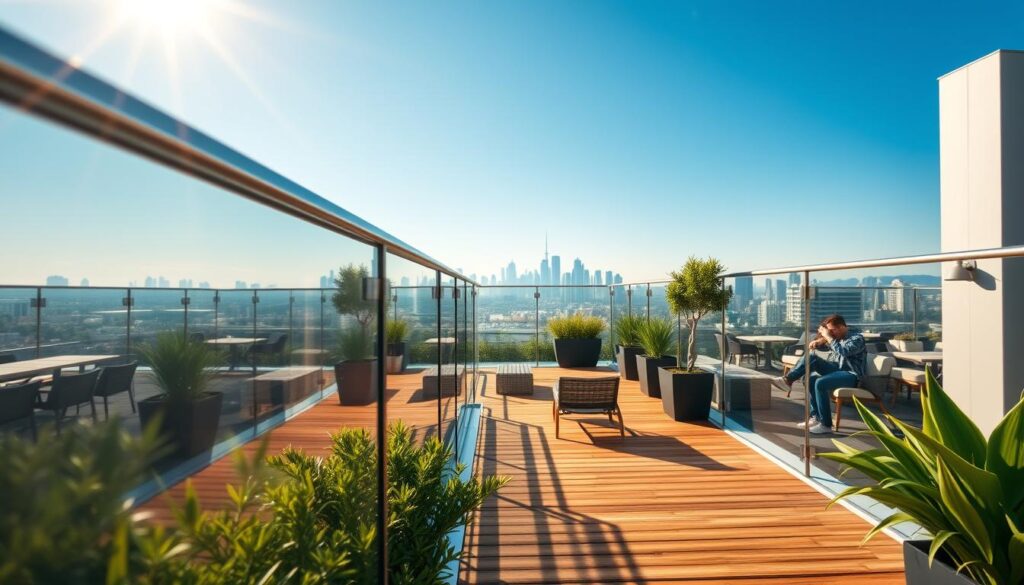 A modern terrace with innovative safety railings, blending glass and metal for an elegant, open feel. The foreground features a sleek, transparent glass barrier surrounded by lush potted plants, inviting natural greenery. In the middle, a spacious wooden deck provides a warm contrast with stylish outdoor furniture, like a minimalist table and chairs. The background showcases a panoramic view of a vibrant city skyline against a clear blue sky, with soft rays of sunlight illuminating the scene, creating a warm and welcoming atmosphere. The angle captures the terrace's depth, emphasizing the secure yet stylish design of the balustrades, reflecting contemporary architectural trends. The mood is inviting and tranquil, perfect for social gatherings or relaxation.