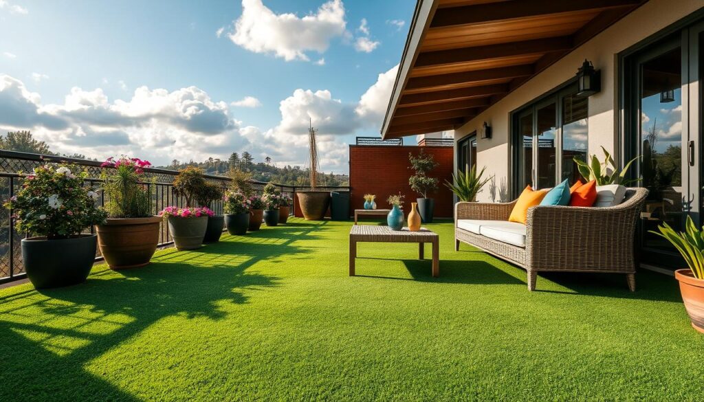 A picturesque terrace featuring lush artificial grass, beautifully arranged to create a cozy outdoor space. In the foreground, the vibrant green synthetic turf contrasts with elegant outdoor furniture, such as a stylish rattan sofa with colorful cushions. The middle ground includes potted plants with blooming flowers, enhancing the atmosphere of a serene garden. The background showcases a clear blue sky with soft, fluffy clouds, while gentle sunlight casts warm, inviting shadows across the scene. Capture this inviting ambiance from a slightly elevated angle, emphasizing the harmonious blend of nature and modern design. Portray this environment as tranquil and appealing, suitable for relaxation or social gatherings. A picturesque terrace featuring lush artificial grass, beautifully arranged to create a cozy outdoor space. In the foreground, the vibrant green synthetic turf contrasts with elegant outdoor furniture, such as a stylish rattan sofa with colorful cushions. The middle ground includes potted plants with blooming flowers, enhancing the atmosphere of a serene garden. The background showcases a clear blue sky with soft, fluffy clouds, while gentle sunlight casts warm, inviting shadows across the scene. Capture this inviting ambiance from a slightly elevated angle, emphasizing the harmonious blend of nature and modern design. Portray this environment as tranquil and appealing, suitable for relaxation or social gatherings.