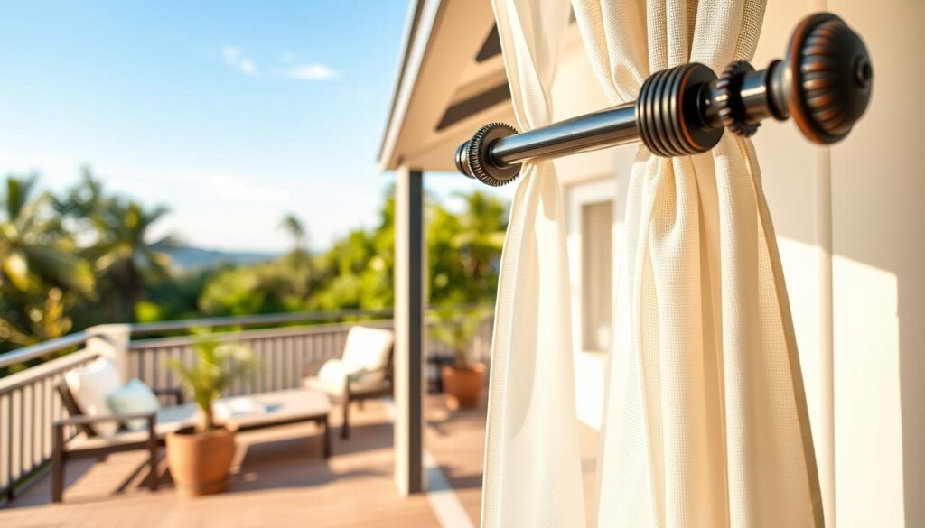A picturesque terrace scene showcasing a high-quality terrace curtain rod made from durable materials. In the foreground, focus on the elegant, weather-resistant curtain rod fitted with tasteful drapes that gently sway in a light breeze. The middle ground features a well-furnished terrace complete with stylish outdoor furniture, a potted plant, and a cozy ambiance enhanced by soft, warm sunlight. In the background, a clear blue sky and lush greenery provide a serene environment. The image conveys a sense of comfort and style, emphasizing the practicality and aesthetic appeal of investing in durable outdoor hardware. The lighting is natural and inviting, emphasizing the colors of the materials used. The composition captures the idea of durability and beauty integrated into outdoor living spaces.