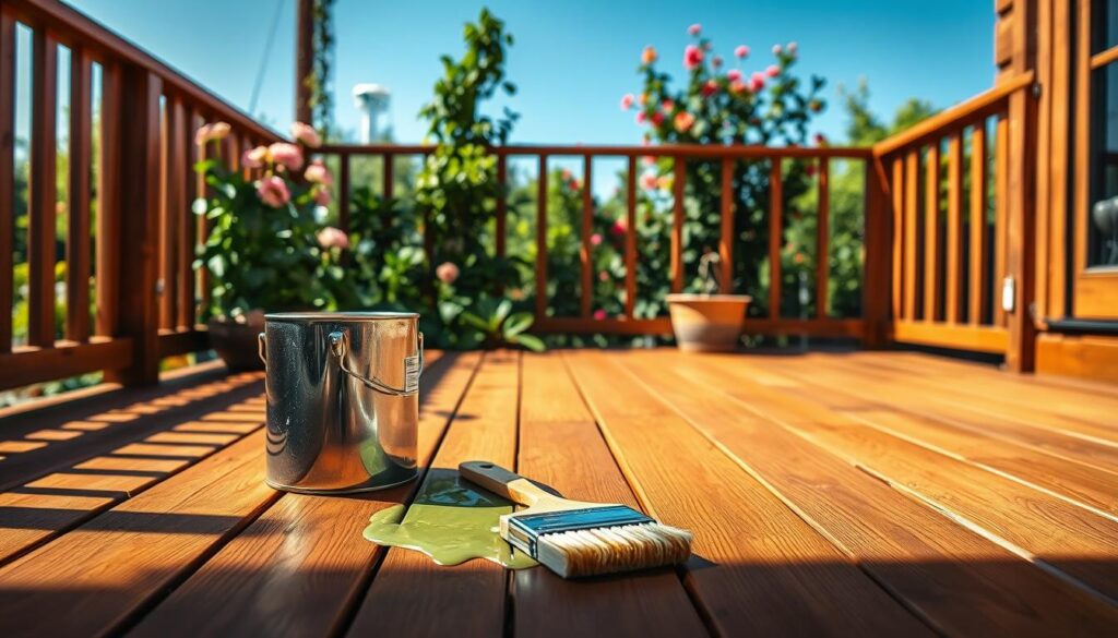 A picturesque wooden terrace, freshly painted to showcase a rich, warm hue. In the foreground, a paint can and brush lie on the terrace floor, droplets of paint glistening in the sunlight. The middle ground features a vibrant green garden with blooming flowers, creating a contrast against the earthy tones of the wood. In the background, a clear blue sky enhances the sense of a sunny day. The soft light casts gentle shadows, highlighting the texture of the wooden planks. The overall mood is refreshing and inviting, embodying a sense of care and maintenance for outdoor spaces. The image captures the essence of protecting and beautifying wood, perfect for illustrating the theme of preserving a wooden deck.