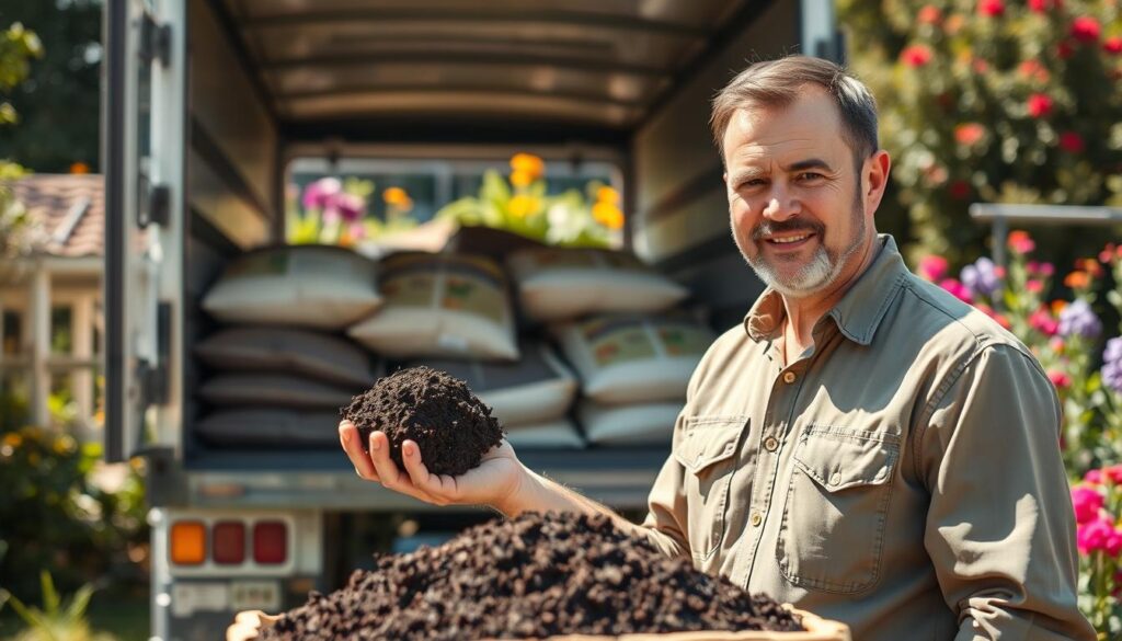 A professional landscape gardener in modest casual clothing stands next to a delivery truck filled with rich, dark garden soil in a bright, sunny garden setting. In the foreground, the gardener is inspecting a sample of the soil, showcasing its texture and color. In the middle ground, the open truck reveals bags of soil, emphasizing its bulk. Behind, a lush garden with vibrant flowers and greenery creates an inviting atmosphere. The lighting is warm and natural, casting soft shadows, and the scene captures a sense of professionalism and trust. Use a wide-angle lens to capture the depth of the scene, enhancing the feeling of abundance and quality in garden supplies. A professional landscape gardener in modest casual clothing stands next to a delivery truck filled with rich, dark garden soil in a bright, sunny garden setting. In the foreground, the gardener is inspecting a sample of the soil, showcasing its texture and color. In the middle ground, the open truck reveals bags of soil, emphasizing its bulk. Behind, a lush garden with vibrant flowers and greenery creates an inviting atmosphere. The lighting is warm and natural, casting soft shadows, and the scene captures a sense of professionalism and trust. Use a wide-angle lens to capture the depth of the scene, enhancing the feeling of abundance and quality in garden supplies.