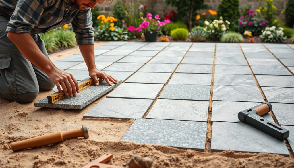 A professional landscape scene depicting methods of laying granite slabs on a terrace. In the foreground, a skilled worker in modest casual clothing carefully positions a granite slab on a sandy base, using a level to ensure it is perfectly aligned. The middle ground showcases several slabs already laid out, illustrating a neat and orderly pattern, with tools like a rubber mallet and a square in close proximity. In the background, a beautifully landscaped garden is visible, framed by vibrant flowers and lush greenery, under soft, natural daylight. The overall mood is one of focus and craftsmanship, emphasizing the meticulous process of terrace installation.
