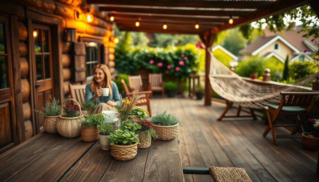 A rustic terrace scene featuring a charming wooden deck with rich, warm tones. In the foreground, a weathered farmhouse table adorned with potted herbs and wildflowers, complementing a collection of woven baskets. A couple in modest casual clothing enjoys coffee at the table, smiling and engaged in conversation. The middle ground showcases rustic wooden chairs and a cozy hammock, surrounded by hanging string lights that create a soft, inviting glow. In the background, lush greenery and blooming flowers frame the terrace, with a slightly blurred country-style house peeking through. The golden hour sunlight casts a warm, tranquil ambiance, enhancing the inviting atmosphere of a rustic outdoor space. The angle should capture depth, emphasizing the layered elements of the scene.