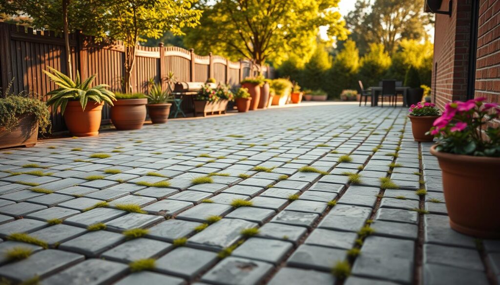 A scenic outdoor terrace featuring interlocking brick pavers, known as kostka brukowa, designed for functionality and durability. The foreground includes a well-laid patio with a variety of gray-toned bricks in an inviting geometric pattern, some adorned with moss and grass peeking through the joints. In the middle ground, potted plants in vibrant colors, such as deep greens and rich pinks, complement the hardscape. The background depicts a lush garden with trees softly blurred in vibrant greenery. The scene is captured in warm, golden afternoon light, creating a serene and stylish atmosphere. Utilize a wide-angle lens to accentuate the depth and texture of the paving stones.