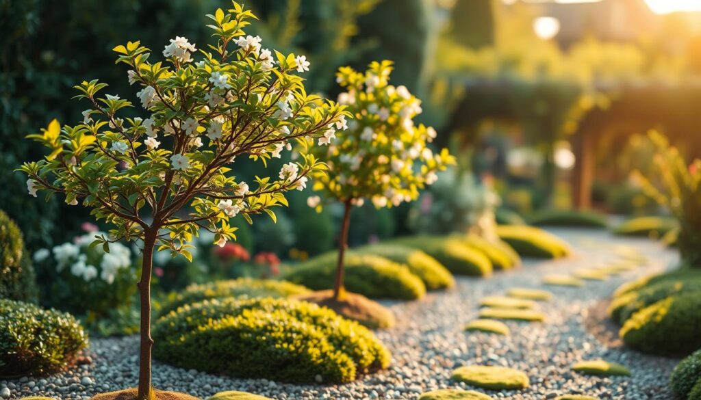 A serene and elegant garden scene featuring small ornamental trees perfectly suited for minimal spaces. In the foreground, lush miniature trees with vibrant green leaves and delicate pink or white blossoms gently sway. The middle ground showcases a well-maintained gravel path winding through patches of flowering shrubs and soft moss, inviting viewers to explore. In the background, a gentle blur of soft-focus greenery adds depth, creating a tranquil atmosphere. The lighting is warm and golden, suggesting early morning or late afternoon sun, casting gentle shadows and enhancing the colors. Shot with a shallow depth of field to emphasize the trees in focus, this image conveys a peaceful and harmonious garden space, ideal for small gardens.