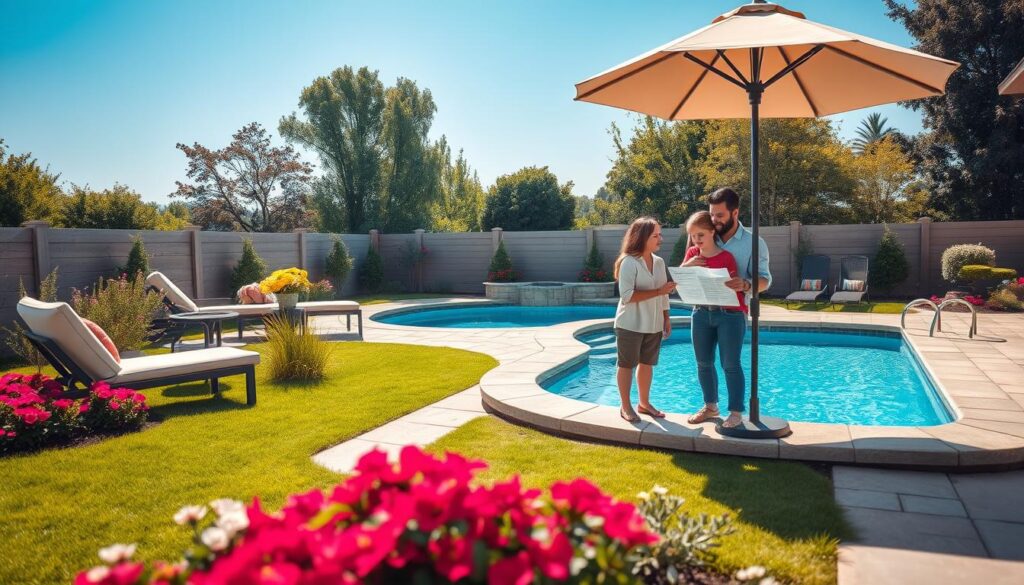 A serene backyard scene featuring a stylish garden pool. In the foreground, a neatly landscaped area with colorful flowers, vibrant green grass, and neatly arranged outdoor furniture, including a small table and chairs under an elegant patio umbrella. In the middle ground, the garden pool glimmers invitingly in the sunlight, showcasing a gentle blue hue, surrounded by attractive stone tiles. A family, dressed in modest casual attire, is engaged in a discussion while reviewing a straightforward cost estimate document for pool construction and maintenance, emphasizing family investment. In the background, lush trees and a clear blue sky enhance the tranquil atmosphere. Soft, warm natural lighting highlights the scene, evoking a sense of comfort and relaxation. A serene backyard scene featuring a stylish garden pool. In the foreground, a neatly landscaped area with colorful flowers, vibrant green grass, and neatly arranged outdoor furniture, including a small table and chairs under an elegant patio umbrella. In the middle ground, the garden pool glimmers invitingly in the sunlight, showcasing a gentle blue hue, surrounded by attractive stone tiles. A family, dressed in modest casual attire, is engaged in a discussion while reviewing a straightforward cost estimate document for pool construction and maintenance, emphasizing family investment. In the background, lush trees and a clear blue sky enhance the tranquil atmosphere. Soft, warm natural lighting highlights the scene, evoking a sense of comfort and relaxation.