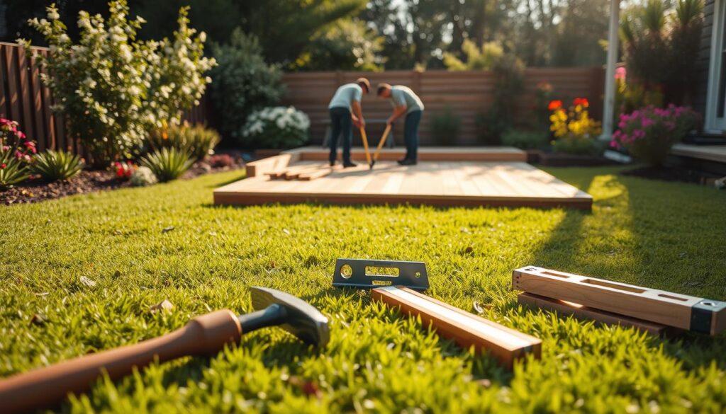 A serene backyard scene showcasing the process of building a terrace on grass. In the foreground, tools like a hammer, wooden planks, and a spirit level are neatly arranged on a lush green lawn. In the middle ground, a partially constructed wooden terrace is visible, with a few workers dressed in casual yet professional attire, measuring and adjusting the wooden pieces, displaying focus and teamwork. In the background, a well-maintained garden with blooming flowers and shrubs adds a touch of color and life to the scene. Soft, diffused sunlight casts gentle shadows, creating a warm and inviting atmosphere. The angle is slightly elevated to capture the entire project, emphasizing the harmony between nature and construction. The overall mood is productive and inspiring.
