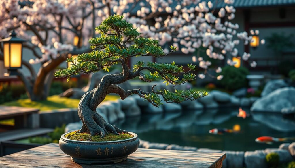 A serene bonsai tree elegantly positioned in the foreground, showcasing its intricate twisted trunk and lush green foliage. The middle layer features a traditional bonsai pot adorned with subtle designs, resting gently on a wooden table. In the background, a tranquil Japanese garden uncurls, complete with a koi pond, delicate cherry blossom trees in full bloom, and softly glowing lanterns providing warm, inviting light. The scene captures the essence of bonsai artistry, emphasizing harmony and nature. The lighting is soft and diffused, mimicking the gentle sunlight of a late afternoon, casting delicate shadows. The atmosphere is peaceful and contemplative, encapsulating the timeless beauty of the bonsai tradition.