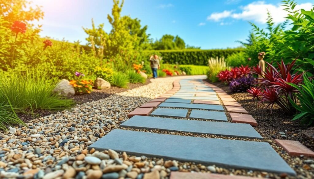 A serene garden pathway lined with various inorganic materials suitable for garden paths. In the foreground, showcase textures of gravel, pebbles, and smooth stones, arranged neatly. The middle ground features a meandering path made of slate tiles and decorative bricks, while pops of color from ornamental plants line the edges. In the background, lush green foliage and a clear blue sky create a tranquil atmosphere. The lighting is warm and inviting, capturing the essence of a sunny day. The angle is slightly elevated, providing a comprehensive view of the diverse materials and the overall layout of the garden. The overall mood is peaceful and harmonious, emphasizing the aesthetic appeal of inorganic materials in garden landscapes. A serene garden pathway lined with various inorganic materials suitable for garden paths. In the foreground, showcase textures of gravel, pebbles, and smooth stones, arranged neatly. The middle ground features a meandering path made of slate tiles and decorative bricks, while pops of color from ornamental plants line the edges. In the background, lush green foliage and a clear blue sky create a tranquil atmosphere. The lighting is warm and inviting, capturing the essence of a sunny day. The angle is slightly elevated, providing a comprehensive view of the diverse materials and the overall layout of the garden. The overall mood is peaceful and harmonious, emphasizing the aesthetic appeal of inorganic materials in garden landscapes.