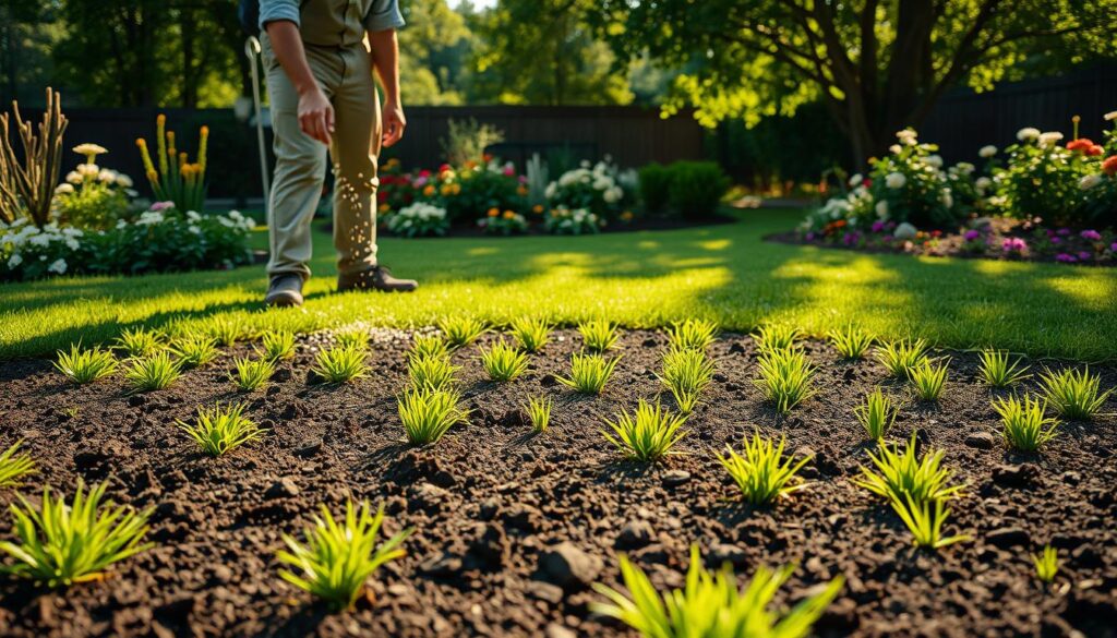 A serene garden scene depicting a fresh, lush lawn being seeded. In the foreground, a gardener in modest casual attire is gently spreading grass seeds on rich, dark soil. The middle ground features small patches of grass just starting to sprout, showcasing varying shades of green. In the background, vibrant flowerbeds bloom under the warm sunlight, while a shaded area of the garden provides a visual contrast with dappled light filtering through nearby trees. The atmosphere is calm and nurturing, evoking a sense of growth and care. The lighting is soft and golden, typical of late afternoon, and the perspective is slightly elevated, giving a comprehensive view of the gardening scene.