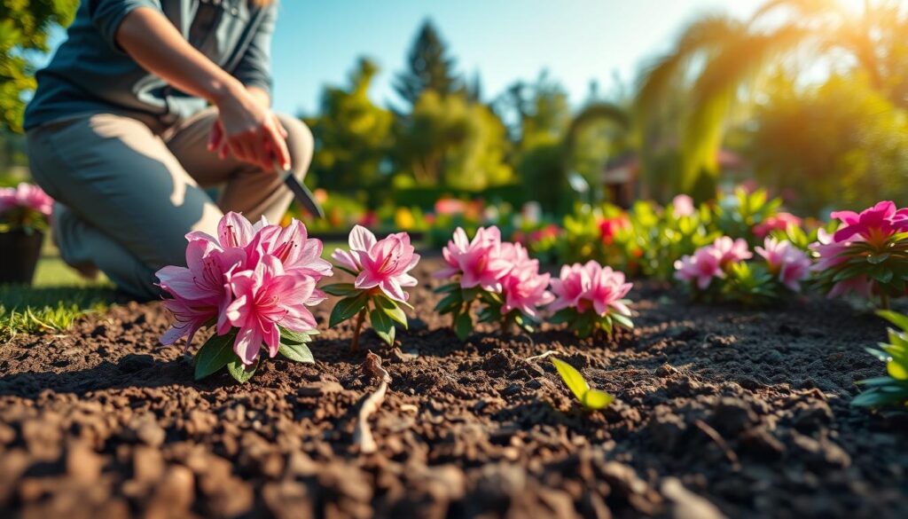 A serene garden scene depicting a person planting a rhododendron azalea in soft earth. In the foreground, focus on a well-groomed garden bed, rich brown soil, and vibrant pink and white azalea flowers in full bloom. The person, wearing modest casual gardening attire, is kneeling, using a small trowel to gently place the azalea. In the middle ground, include lush green foliage and a variety of flowering plants, indicating a diverse garden environment. In the background, feature soft-focus trees and a clear blue sky, bathed in warm sunlight, creating a cheerful and nurturing atmosphere. Use a slightly elevated angle to capture the action of planting while ensuring the beauty of the flowers is prominent. A serene garden scene depicting a person planting a rhododendron azalea in soft earth. In the foreground, focus on a well-groomed garden bed, rich brown soil, and vibrant pink and white azalea flowers in full bloom. The person, wearing modest casual gardening attire, is kneeling, using a small trowel to gently place the azalea. In the middle ground, include lush green foliage and a variety of flowering plants, indicating a diverse garden environment. In the background, feature soft-focus trees and a clear blue sky, bathed in warm sunlight, creating a cheerful and nurturing atmosphere. Use a slightly elevated angle to capture the action of planting while ensuring the beauty of the flowers is prominent.