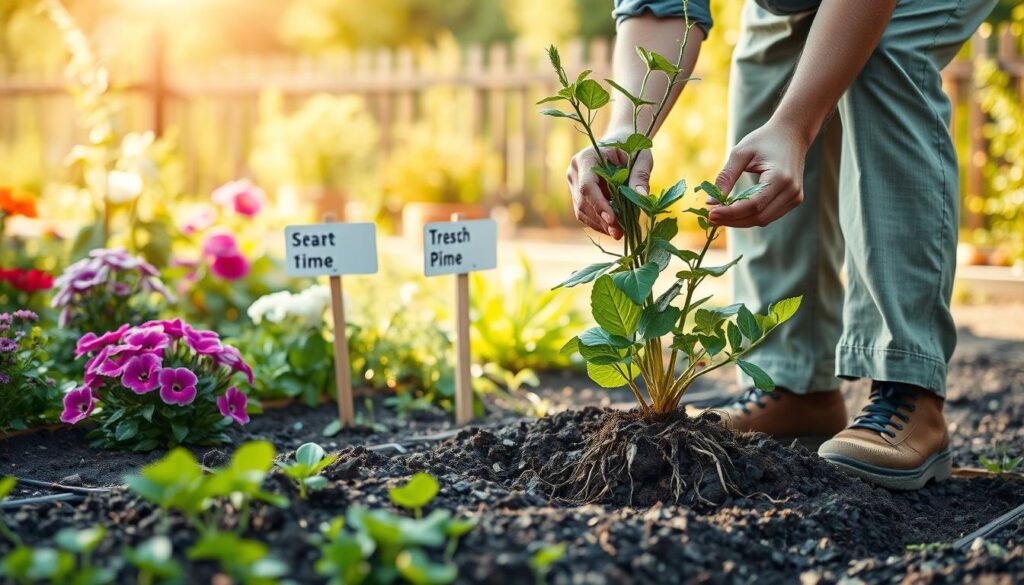 A serene garden scene depicting the optimal time for transplanting plants. In the foreground, a skilled gardener in modest casual clothing carefully digs around a young sapling, showcasing healthy roots. The middle ground features a variety of vibrant flowers and leafy greens, emphasizing their growth stages, with a small signpost indicating the best transplanting time. In the background, a sunlit garden with a wooden fence and soft-focused greenery gives depth, suggesting a peaceful atmosphere. The lighting is warm and inviting, mimicking the soft glow of late afternoon sun, creating a tranquil and optimistic mood. The composition is captured from a slightly elevated angle, providing an engaging perspective into the gardening activity.